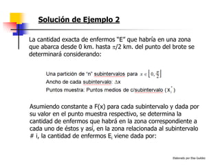 Elaborado por Elsa Guédez
Solución de Ejemplo 2
La cantidad exacta de enfermos “E” que habría en una zona
que abarca desde 0 km. hasta /2 km. del punto del brote se
determinará considerando:
Asumiendo constante a F(x) para cada subintervalo y dada por
su valor en el punto muestra respectivo, se determina la
cantidad de enfermos que habrá en la zona correspondiente a
cada uno de éstos y así, en la zona relacionada al subintervalo
# i, la cantidad de enfermos Ei viene dada por:
 