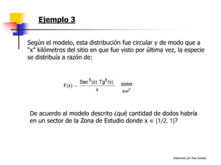 Elaborado por Elsa Guédez
Ejemplo 3
Según el modelo, esta distribución fue circular y de modo que a
“x” kilómetros del sitio en que fue visto por última vez, la especie
se distribuía a razón de:
De acuerdo al modelo descrito ¿qué cantidad de dodos habría
en un sector de la Zona de Estudio donde x ∈ [1/2, 1]?
 