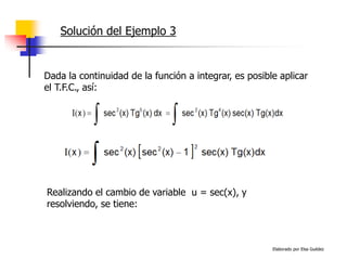 Elaborado por Elsa Guédez
Realizando el cambio de variable u = sec(x), y
resolviendo, se tiene:
Solución del Ejemplo 3
Dada la continuidad de la función a integrar, es posible aplicar
el T.F.C., así:
 