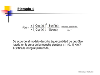 Elaborado por Elsa Guédez
De acuerdo al modelo descrito ¿qué cantidad de petróleo
habría en la zona de la mancha donde x ∈ [1/2, 1] Km.?
Justifica la integral planteada.
Ejemplo 1
 