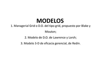 MODELOS
1. Managerial Grid o D.O. del tipo grid, propuesto por Blake y
                          Mouton;
          2. Modelo de D.O. de Lawrence y Lorsh;
       3. Modelo 3-D de eficacia gerencial, de Redin.
 