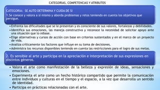 CATEGORIAS, COMPETENCIAS Y ATRIBUTOS
CATEGORIA: SE AUTO DETERMINA Y CUIDA DE SI
1.Se conoce y valora a sí mismo y aborda problemas y retos teniendo en cuenta los objetivos que
persigue.
•Enfrenta las dificultades que se le presentan y es consciente de sus valores, fortalezas y debilidades.
•Identifica sus emociones, las maneja constructiva y reconoce la necesidad de solicitar apoyo ante
una situación que lo rebase.
•Elige alternativas y cursos de acción con base en criterios sustentados y en el marco de un proyecto
de vida.
•Analiza críticamente los factores que influye en su toma de decisiones.
•Administra los recursos disponibles teniendo en cuenta las restricciones para el logro de sus metas.
2. Es sensible al arte y participa en la apreciación e interpretación de sus expresiones en
distintos géneros.
• Valora el arte como manifestación de la belleza y expresión de ideas, sensaciones y
emociones.
• Experimenta el arte como un hecho histórico compartido que permite la comunicación
entre individuos y culturas en el tiempo y el espacio, a la vez que desarrolla un sentido
de identidad.
• Participa en prácticas relacionadas con el arte.
 
