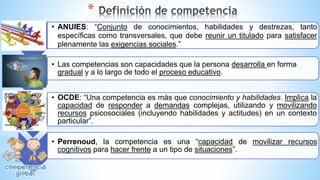 *
• ANUIES: “Conjunto de conocimientos, habilidades y destrezas, tanto
específicas como transversales, que debe reunir un titulado para satisfacer
plenamente las exigencias sociales.”
• Las competencias son capacidades que la persona desarrolla en forma
gradual y a lo largo de todo el proceso educativo.
• OCDE: “Una competencia es más que conocimiento y habilidades. Implica la
capacidad de responder a demandas complejas, utilizando y movilizando
recursos psicosociales (incluyendo habilidades y actitudes) en un contexto
particular”.
.
• Perrenoud, la competencia es una “capacidad de movilizar recursos
cognitivos para hacer frente a un tipo de situaciones”.
 