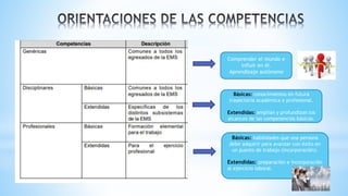 Comprender el mundo e
influir en él.
Aprendizaje autónomo
Básicas: conocimientos en futura
trayectoria académica o profesional.
Extendidas: amplían y profundizan los
alcances de las competencias básicas.
Básicas: habilidades que una persona
debe adquirir para avanzar con éxito en
un puesto de trabajo (incorporación).
Extendidas: preparación e incorporación
al ejercicio laboral.
 
