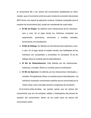 al componente BA y los activos del conocimiento establecidos en dicho                   
modelo, que el movimiento entre los cuatro modos de conversión del proceso                     
SECI forma una espiral de aplicación continua. Contexto compartido para la                   
creación de conocimiento (ba), puede ser considerado de cuatro tipos:
● El BA de Origen: Es definido como interacciones de los individuos                   
cara a cara. Es el lugar donde los individuos comparten sus                   
experiencias, sentimiento, emociones y modelos mentales,         
favoreciendo a la socialización.
● El BA de Diálogo: Es definido por las interacciones colectivas y cara                     
a cara. Es el lugar donde el modelo mental y las habilidades de los                         
individuos son compartidos y convertidos en conceptos. El ba de                 
diálogo ofrece el contexto para la externalización.
● El BA de Sistematización: Está definido por las interacciones               
colectivas y virtuales. Ofrece un contexto para la combinación.
● El BA de Ejercicio: Es definido por las interacciones individuales y                   
virtuales. Principalmente ofrece un contexto para la internalización. Los               
individuos incorporan conocimiento explícito que es comunicado por el               
medio virtual, como manuales escritos o programas de simulación.
     En el mismo orden de ideas, los autores opinan que los activos del           
conocimiento que son las entradas, salidas y moderadores del proceso de                   
creación del conocimiento; dentro de los cuatro tipos de activos del                   
conocimiento están:
 