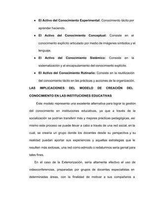 ● El Activo del Conocimiento Experimental: Conocimiento tácito por             
aprender haciendo.
● El Activo del Conocimiento Conceptual: Consiste en el             
conocimiento explícito articulado por medio de imágenes símbolos y el                 
lenguaje.
● El Activo del Conocimiento Sistémico: Consiste en la             
sistematización y el encapsulamiento del conocimiento explícito.
● El Activo del Conocimiento Rutinario: Consiste en la reutilización               
del conocimiento tácito en las prácticas y acciones de la organización.
LAS IMPLICACIONES DEL MODELO DE CREACIÓN DEL           
CONOCIMIENTO EN LAS INSTITUCIONES EDUCATIVAS
Este modelo representa una excelente alternativa para lograr la gestión                   
del conocimiento en instituciones educativas, ya que a través de la                   
socialización se podrían transferir más y mejores prácticas pedagógicas, así                 
mismo este proceso se puede llevar a cabo a través de una red social, en la                             
cual, se crearía un grupo donde los docentes desde su perspectiva y su                       
realidad puedan aportar sus experiencias y aquellas estrategias que le                 
resulten más exitosas, una red como edmodo o redalumnos seria genial para                     
tales fines.
En el caso de la Exteriorización, sería altamente efectivo el uso de                       
videoconferencias, preparadas por grupos de docentes especialistas en             
determinadas áreas, con la finalidad de motivar a sus compañeros a                   
 