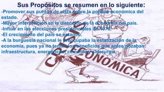 Sus Propósitos se resumen en lo siguiente:
-Promover sus puntos de vista sobre la política económica del
estado.
-Mayor intervención en la dirección de la economía del país.
-Influir en las elecciones presidenciales de 1976.
-El crecimiento del país se estanco.
-A la burguesía nacional le preocupaba la estatización de la
economía, pues ya no tenían los beneficios que antes gozaban:
infraestructura, energéticos, cemento y siderurgia.
 
