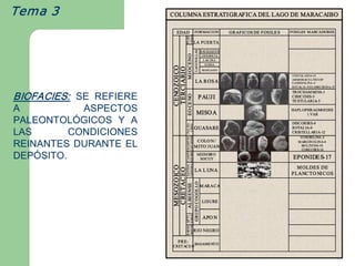 Tema 3                      COLUMNA ESTRATI GRAFICA DEL LAGO  DE MARACAIBO 

                               EDAD  FORMACI ON                                                                                  GRAFICOS DE FOSILE S 
                                                                                                                                                    S    FOSI LES  M ARCADORES 




                                            CEN O 
                                            P LIO 
                                                                                            LA PUERTA 




                                                                                            LAGUN ILLAS 
                                                                                                              B AC HA Q U E R 




                                                 M I OCENO 
                                                                                                              U R D AN E TA 
                                                                                                                L AG UN A 




                             CENO ZOICO 
                                                                                                                 O J ED A 




                             TERCIARIO 
                                                                                                               M A R LA G O 

                                                                                                                                                          T EXT UL A R IA ­1 9 
                                                                                                                                                          AM M O B AC U L ITE S SP 
                                                                                             LA R OS A                                                    C A SSI D UL IN A ­4 
                                                                                                                                                          R O T AL IA ­ 3/ G L O BIG ER IN A ­3? 
                                                                                                                                                          TROCHAM MI NA­1 
BIOFACIES:   SE  REFIERE 




                                                 EO CE NO 
                                                                                                       PAUJI                                              CIBICI DES­5 
                                                                                                                                                          TE XTULARI A­ 5 

A           ASPECTOS                                                                             MISO A 
                                                                                                                                                         HAPL OPHRAGMOI DES 
                                                                                                                                                                1 VAR 

PALEONTOLÓGICOS  Y  A 




                                            SA N TO N .  C A M PA M A EST R I  PA L EO ­ 
                                                                                                                                                          DISCORBI S­4 




                                            C ENO M A. N IE NSE  C H T IENSE  C EN O 
                                                                                            GUASARE                                                       ROTAL IA­6 
LAS      CONDICIONES                                                                                                                                      CRISTE LL ARI A­12 
                                                                                                                                                                G UM BELINA ­2 
                                                                                             C OLO N / 
REINANTES  DURANTE  EL                                                                      M ITO J UAN 
                                                                                                                                                               M ARG IN ULINA­4 
                                                                                                                                                                 BO LIVI NA­10 
                                                                                                                                                                 CI BICI DES­16 

DEPÓSITO.                                                                                          MI EM BRO 
                                                                                                    SOCUY                                                 EPONIDE S­17 


                             MESOZO IC O 
                             C RETACEO 
                                                                                                                                                            M OLDES  DE 
                                                                                            LA L UNA 
                                                                                                                                                         P LANC TO NI C OS 



                                                                                            GRUPO COGOL LO 
                                                 ALBI ENSE 
                                                                                                              M ARACA 


                                                                                                               LISURE 
                                            ENS E 
                                            AP TI 




                                                                                                               APO N 
                                            M IE N S 
                                            B AR R E 




                                                                                            R IO NEGRO 

                                PRE­ 
                                      BASAME NT O 
                            CRET ACE O 
 