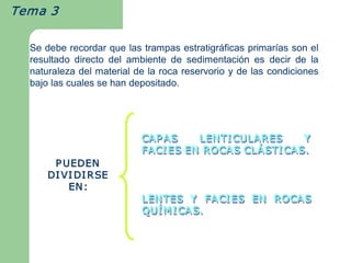 Tema 3  

   Se debe recordar que las trampas estratigráficas primarías son el 
   resultado  directo  del  ambiente  de  sedimentación  es  decir  de  la 
   naturaleza del material de la roca reservorio y de las condiciones 
   bajo las cuales se han depositado. 




                              CAP AS     LENTI CULARES      Y 
                              FACI ES EN  ROCAS CL Á STI CAS. 
                                          ROCAS CL Á 
                                          ROCAS CLÁSTI
        P UEDEN 
       DI VI DI R SE 
           EN: 
                              LENTES  Y   FACI ES  EN  ROCAS 
                              QU Í M I CAS.
                              QU    CAS. 
                              QUÍ
 
