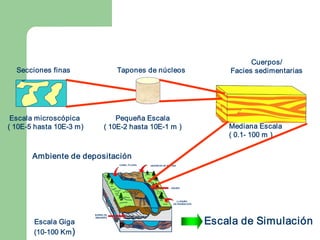 Cuerpos/ 
  Secciones finas                     Tapones de núcleos                                    Facies sedimentarias 




 Escala microscópica                Pequeña Escala 
( 10E­5 hasta 10E­3 m)          ( 10E­2 hasta 10E­1 m )                                     Mediana Escala 
                                                                                            ( 0.1­ 100 m ) 


       Ambiente de depositación 
                                      CANAL FLUVIAL    ABANICOS DE ROTURA 




                                                                     DIQUES 




                                                                         LLANURA 
                                                                       DE INUNDACION 



                          BARRA DE 


                                                                                        Escala de Simulación
                          MEANDRO 

       Escala Giga 
       (10­100 Km ) 
 