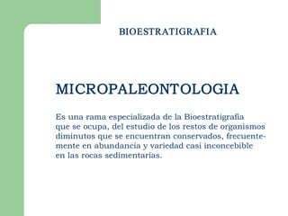 BIOESTRATIGRAFIA




MICROPALEONTOLOGIA 
Es una rama especializada de la Bioestratigrafia
que se ocupa, del estudio de los restos de organismos
diminutos que se encuentran conservados, frecuente­
mente en abundancia y variedad casi inconcebible
en las rocas sedimentarias.
 