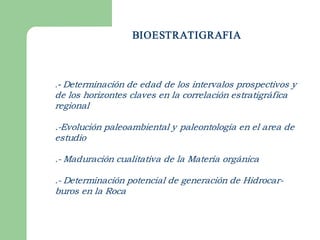 BIOESTRATIGRAFIA



.­ Determinación de edad de los intervalos prospectivos y
de los horizontes claves en la correlación estratigráfica
regional

.­Evolución paleoambiental y paleontología en el area de
estudio

.­ Maduración cualitativa de la Materia orgánica

.­ Determinación potencial de generación de Hidrocar­
buros en la Roca  
 
