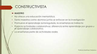 CONSTRUCTIVISTA
 MAESTRO
• No ofrece una educación memorística
• Tanto maestros como alumnos juntos se enfocan en la investigación
• Promueve el aprendizaje autorregulado, la enseñanza es indirecta
• Propicia actividades colaborativas: diferencia entre aprendizaje por grupos y
  el aprendizaje colaborativo.
• La enseñanza parte de actividades reales




                                                               Patricia Martínez Cebreros
 