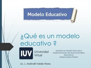 ¿Qué es un modelo
educativo ?
Lic. L. Malinalli Valdés Flores
Maestría en Gestión Educativa
Implementación de Nuevos Modelos
Educativos
Adriana Daza Padrón
 