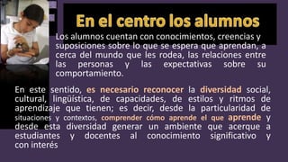 Los alumnos cuentan con conocimientos, creencias y
suposiciones sobre lo que se espera que aprendan, a
cerca del mundo que les rodea, las relaciones entre
las personas y las expectativas sobre su
comportamiento.
En este sentido, es necesario reconocer la diversidad social,
cultural, lingüística, de capacidades, de estilos y ritmos de
aprendizaje que tienen; es decir, desde la particularidad de
situaciones y contextos, comprender cómo aprende el que aprende y
desde esta diversidad generar un ambiente que acerque a
estudiantes y docentes al conocimiento significativo y
con interés
 