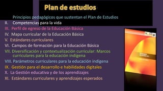 I.
II. Competencias para la vida
III. Perfil de egreso de la Educación Básica
IV. Mapa curricular de la Educación Básica
V. Estándares curriculares
VI. Campos de formación para la Educación Básica
VII. Diversificación y contextualización curricular: Marcos
curriculares para la educación indígena
VIII. Parámetros curriculares para la educación indígena
IX. Gestión para el desarrollo e habilidades digitales
X. La Gestión educativa y de los aprendizajes
XI. Estándares curriculares y aprendizajes esperados
Principios pedagógicos que sustentan el Plan de Estudios
 