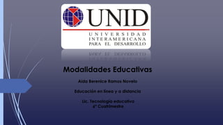 Modalidades Educativas
Aida Berenice Ramos Novelo
Educación en línea y a distancia
Lic. Tecnología educativa
6º Cuatrimestre
 