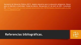 Referencias bibliográficas.
Secretaría de Educación Pública (2017). Modelo educativo para la educación obligatoria. Educar...