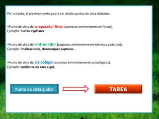 Por lo tanto, el planteamiento podrá ser desde puntos de vista distintos:


•Punto de vista del preparador físico (aspectos eminentemente físicos).
Ejemplo: fuerza explosiva


•Punto de vista del entrenador (aspectos eminentemente técnicos y tácticos).
Ejemplo: finalizaciones, desmarques rupturas…


•Punto de vista del psicólogo (aspectos eminentemente psicológicos).
Ejemplo: confianza de cara a gol.




     Punto de vista global                                              TAREA
 