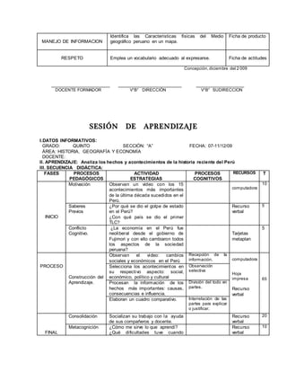 MANEJO DE INFORMACION
Identifica las Características físicas del Medio
geográfico peruano en un mapa.
Ficha de producto
RESPETO Emplea un vocabulario adecuado al expresarse. Ficha de actitudes
Concepción,diciembre del 2 009
_______________________ _________________________ ___________________
DOCENTE FORMADOR V°B° DIRECCIÓN V°B° SUDIRECCION
SESIÓN DE APRENDIZAJE
I.DATOS INFORMATIVOS:
GRADO: QUINTO SECCIÓN: “A” FECHA: 07-11/12/09
ÁREA: HISTORIA, GEOGRAFÍA Y ECONOMÍA
DOCENTE:
II. APRENDIZAJE: Analiza los hechos y acontecimientos de la historia reciente del Perú
III. SECUENCIA DIDÁCTICA:
FASES PROCESOS
PEDAGÓGICOS
ACTIVIDAD
ESTRATEGIAS
PROCESOS
COGNITIVOS
RECURSOS T
INICIO
Motivación Observan un video con los 15
acontecimientos más importantes
de la última década sucedidos en el
Perú.
computadora
10
Saberes
Previos
¿Por qué se dio el golpe de estado
en el Perú?
¿Con qué país se dio el primer
TLC?
Recurso
verbal
5
Conflicto
Cognitivo.
¿La economía en el Perú fue
neoliberal desde el gobierno de
Fujimori y con ello cambiaron todos
los aspectos de la sociedad
peruana?
Tarjetas
metaplan
5
PROCESO
Construcción del
Aprendizaje.
Observan el video: cambios
sociales y económicos en el Perú
Recepción de la
información. computadora
Hoja
impresa
Recurso
verbal
65
Selecciona los acontecimientos en
su respectivo aspecto: social,
económico, político y cultural
Observación
selectiva
Procesan la información de los
hechos más importantes: causas,
consecuencias e influencia.
División del todo en
partes.
Elaboran un cuadro comparativo. Interrelación de las
partes para explicar
o justificar.
FINAL
Consolidación Socializan su trabajo con la ayuda
de sus compañeros y docente.
Recurso
verbal
20
Metacognición ¿Cómo me sirve lo que aprendí?
¿Qué dificultades tuve cuando
Recurso
verbal
10
 