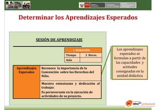 Determinar los Aprendizajes Esperados


           SESIÓN DE APRENDIZAJE

                                     I. DURACIÓN          Los aprendizajes
                              Tiempo         2 Horas.       esperados se
                              Aula
                                                        formulan a partir de
                                                         las capacidades y
Aprendizajes   Reconoce la importancia de la                  actitudes
 Esperados     Convención sobre los Derechos del          consignadas en la
               Niño.                                      unidad didáctica

               Muestra entusiasmo y dedicación al
               trabajar.
               Es perseverante en la ejecución de
               actividades de su proyecto.
 