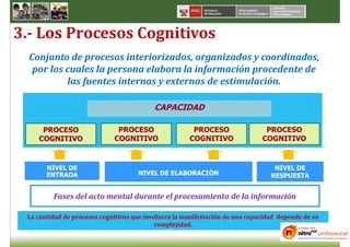 3.- Los Procesos Cognitivos
  Conjunto de procesos interiorizados, organizados y coordinados,
   por los cuales la persona elabora la información procedente de
           las fuentes internas y externas de estimulación.

                                          CAPACIDAD

     PROCESO                  PROCESO                  PROCESO                 PROCESO
    COGNITIVO                COGNITIVO                COGNITIVO               COGNITIVO


       NIVEL DE                                                                   NIVEL DE
       ENTRADA                       NIVEL DE ELABORACIÓN                        RESPUESTA


         Fases del acto mental durante el procesamiento de la información

 La cantidad de procesos cognitivos que involucra la manifestación de una capacidad depende de su
                                            complejidad.
 