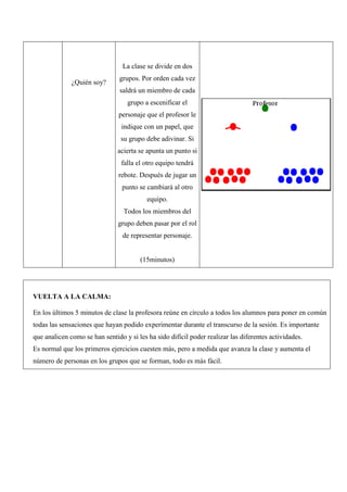 La clase se divide en dos
                                grupos. Por orden cada vez
              ¿Quién soy?
                                saldrá un miembro de cada
                                   grupo a escenificar el
                               personaje que el profesor le
                                indique con un papel, que
                                su grupo debe adivinar. Si
                               acierta se apunta un punto si
                                falla el otro equipo tendrá
                               rebote. Después de jugar un
                                 punto se cambiará al otro
                                          equipo.
                                 Todos los miembros del
                               grupo deben pasar por el rol
                                 de representar personaje.


                                       (15minutos)




VUELTA A LA CALMA:

En los últimos 5 minutos de clase la profesora reúne en círculo a todos los alumnos para poner en común
todas las sensaciones que hayan podido experimentar durante el transcurso de la sesión. Es importante
que analicen como se han sentido y si les ha sido difícil poder realizar las diferentes actividades.
Es normal que los primeros ejercicios cuesten más, pero a medida que avanza la clase y aumenta el
número de personas en los grupos que se forman, todo es más fácil.
 