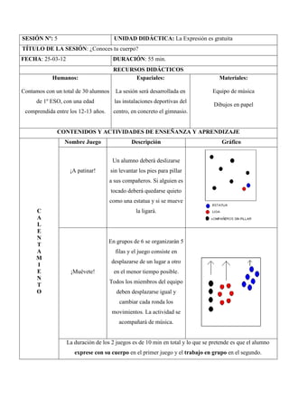 SESIÓN Nº: 5                           UNIDAD DIDÁCTICA: La Expresión es gratuita
TÍTULO DE LA SESIÓN: ¿Conoces tu cuerpo?
FECHA: 25-03-12                        DURACIÓN: 55 min.
                                       RECURSOS DIDÁCTICOS
            Humanos:                         Espaciales:                           Materiales:

Contamos con un total de 30 alumnos     La sesión será desarrollada en          Equipo de música
      de 1º ESO, con una edad          las instalaciones deportivas del
                                                                                 Dibujos en papel
 comprendida entre los 12-13 años.     centro, en concreto el gimnasio.


              CONTENIDOS Y ACTIVIDADES DE ENSEÑANZA Y APRENDIZAJE
                 Nombre Juego                  Descripción                          Gráfico


                                       Un alumno deberá deslizarse
                   ¡A patinar!        sin levantar los pies para pillar
                                     a sus compañeros. Si alguien es
                                      tocado deberá quedarse quieto
                                      como una estatua y si se mueve
     C                                           la ligará.
     A
     L
     E
     N
                                     En grupos de 6 se organizarán 5
     T
     A                                  filas y el juego consiste en
     M
                                      desplazarse de un lugar a otro
     I
     E             ¡Muévete!           en el menor tiempo posible.
     N
                                      Todos los miembros del equipo
     T
     O                                  deben desplazarse igual y
                                          cambiar cada ronda los
                                      movimientos. La actividad se
                                         acompañará de música.


                  La duración de los 2 juegos es de 10 min en total y lo que se pretende es que el alumno
                     exprese con su cuerpo en el primer juego y el trabajo en grupo en el segundo.
 