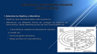 DESARROLLO DE SOFTWARE MEDIANTE
MODELO ESPIRAL
1. Determinar los Objetivos y Alternativas:
• Objetivos: Que necesidad debe cubrir el producto.
• Alternativas: Las diferentes formas de conseguir los objetivos de
forma exitosa, desde diferentes puntos de vista como pueden ser:
 Características: experiencia del personal, requisitos
a cumplir, etc.
 Formas de gestión del sistema.
 Riesgo asumido con cada alternativa.
 