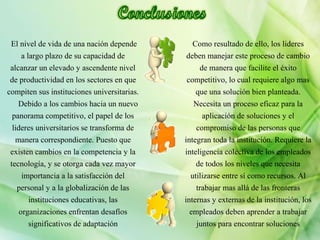 Como resultado de ello, los lideres
deben manejar este proceso de cambio
de manera que facilite el éxito
competitivo, lo cual requiere algo mas
que una solución bien planteada.
Necesita un proceso eficaz para la
aplicación de soluciones y el
compromiso de las personas que
integran toda la institución. Requiere la
inteligencia colectiva de los empleados
de todos los niveles que necesita
utilizarse entre sí como recursos. Al
trabajar mas allá de las fronteras
internas y externas de la institución, los
empleados deben aprender a trabajar
juntos para encontrar soluciones
El nivel de vida de una nación depende
a largo plazo de su capacidad de
alcanzar un elevado y ascendente nivel
de productividad en los sectores en que
compiten sus instituciones universitarias.
Debido a los cambios hacia un nuevo
panorama competitivo, el papel de los
lideres universitarios se transforma de
manera correspondiente. Puesto que
existen cambios en la competencia y la
tecnología, y se otorga cada vez mayor
importancia a la satisfacción del
personal y a la globalización de las
instituciones educativas, las
organizaciones enfrentan desafíos
significativos de adaptación
 