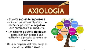 • El valor moral de la persona
radica en los valores objetivos, de
carácter positivo o negativo,
que encarnan en su conducta.
• Los valores plasman ideales de
perfección con orden a una
realización o práctica concreta de
la misma.
• De la percepción del valor surge el
sentido del deber moral .
8
 