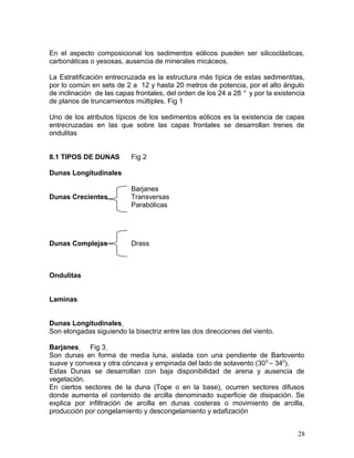 En el aspecto composicional los sedimentos eólicos pueden ser silicoclásticas,
carbonáticas o yesosas, ausencia de minerales micáceos.
La Estratificación entrecruzada es la estructura más típica de estas sedimentitas,
por lo común en sets de 2 a 12 y hasta 20 metros de potencia, por el alto ángulo
de inclinación de las capas frontales, del orden de los 24 a 28 o
y por la existencia
de planos de truncamientos múltiples. Fig 1
Uno de los atributos típicos de los sedimentos eólicos es la existencia de capas
entrecruzadas en las que sobre las capas frontales se desarrollan trenes de
ondulitas
8.1 TIPOS DE DUNAS Fig 2
Dunas Longitudinales
Barjanes
Dunas Crecientes Transversas
Parabólicas
Dunas Complejas Drass
Ondulitas
Laminas
Dunas Longitudinales
Son elongadas siguiendo la bisectriz entre las dos direcciones del viento.
Barjanes Fig 3
Son dunas en forma de media luna, aislada con una pendiente de Barlovento
suave y convexa y otra cóncava y empinada del lado de sotavento (300
– 340
).
Estas Dunas se desarrollan con baja disponibilidad de arena y ausencia de
vegetación.
En ciertos sectores de la duna (Tope o en la base), ocurren sectores difusos
donde aumenta el contenido de arcilla denominado superficie de disipación. Se
explica por infiltración de arcilla en dunas costeras o movimiento de arcilla,
producción por congelamiento y descongelamiento y edafización
28
 