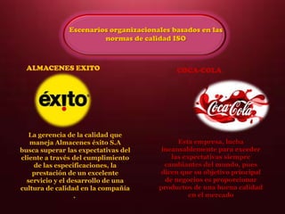 Escenarios organizacionales basados en las
normas de calidad ISO
Esta empresa, lucha
incansablemente para exceder
las expectativas siempre
cambiantes del mundo, pues
dicen que su objetivo principal
de negocios es proporcionar
productos de una buena calidad
en el mercado
La gerencia de la calidad que
maneja Almacenes éxito S.A
busca superar las expectativas del
cliente a través del cumplimiento
de las especificaciones, la
prestación de un excelente
servicio y el desarrollo de una
cultura de calidad en la compañía
.
ALMACENES EXITO COCA-COLA
 