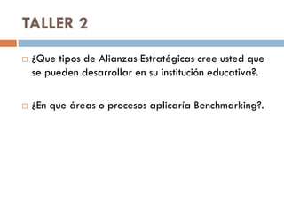 TALLER 2
   ¿Que tipos de Alianzas Estratégicas cree usted que
    se pueden desarrollar en su institución educativa?.

   ¿En que áreas o procesos aplicaría Benchmarking?.
 