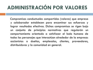 ADMINISTRACIÓN POR VALORES
Compromisos conductuales compartidos (valores) que empresa
y colaborador establecen para encaminar sus esfuerzos y
lograr resultados efectivos. Dichos compromisos se rigen bajo
un conjunto de principios normativos que regularán un
comportamiento orientado a satisfacer el lado humano de
todos los personajes que interactúan alrededor de la empresa:
accionistas o dueños, empleados, clientes, proveedores,
distribuidores y la comunidad en general.
 