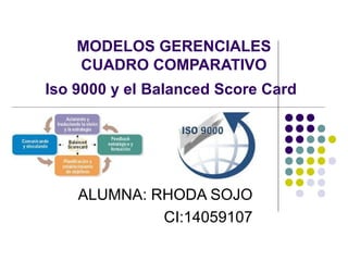 MODELOS GERENCIALES
    CUADRO COMPARATIVO
Iso 9000 y el Balanced Score Card




    ALUMNA: RHODA SOJO
             CI:14059107
 