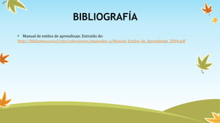 BIBLIOGRAFÍA
• Manual de estilos de aprendizaje. Extraído de:
http://biblioteca.ucv.cl/site/colecciones/manuales_u/Manual_Estilos_de_Aprendizaje_2004.pdf
 