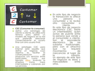    En este tipo de negocio
                                             la transacción la ofrece
                                             una        persona        o
                                             consumidor y la recibe
                                             otro    consumidor        o
                                                      cliente.
   C2C (Consumer-to-consumer)
                                             En este tipo de negocio
                                             electrónico C2C, existe
   define una estrategia de                 un intermediario, quien
    cliente a cliente. Se utiliza este
    término     para    definir    un        actúa de puente entre
    modelo de negocio en la red              la persona que vende y
    que     pretende      relacionar         el consumidor o cliente.
    comercialmente el usuario                Son     el     equivalente
    final con otro usuario final.            electrónico      de     las
                                             subastas     tradicionales,
   Una estrategia C2C para                  pero con el atractivo
    Internet sería aquélla que               que       no      requiere
    define un negocio cuyo                   movimientos             de
    objetivo     es    facilitar   la        mercancías al lugar de
    comercialización              de         la                subasta.
    productos y/o servicios entre
    particulares,     como        por        Un ejemplo de este tipo
    ejemplo eBay, sirviendo la               de negocios es ebay y
    empresa         como         mera        mercadolibre         entre
    intermediaria y cobrando por             otros.
    sus servicios.
 