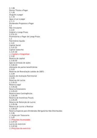 2.1.08
Outros Títulos a Pagar
2.1.09
Aluguéis a pagar
2.1.10
Água e Luz a pagar
2.1.11
Dividendos Propostos a Pagar
2.2
Não Circulante
2.2.01
Exigível a Longo Prazo
2.2.01.01
Promissórias a Pagar de Longo Prazo
2.3
Patrimônio líquido
2.3.01
Capital Social
2.3.01.01
Capital Subscrito
2.3.01.02
(-) Capital a Integralizar
2.3.02
Reserva de capital
2.3.02.02
Ágio na emissão de ações
2.3.02.03
Alienação de partes beneficiárias
2.3.03
Reservas de Reavaliação (saldos de 2007)
2.3.04
Ajustes de Avaliação Patrimonial
2.3.05
Reservas de Lucros
2.3.05.01
Reserva Legal
2.3.05.02
Reserva Estatutária
2.3.05.03
Reserva para Contingências
2.3.05.04
Reserva de Incentivos Fiscais
2.3.05.05
Reserva de Retenção de Lucros
2.3.05.06
Reserva de Lucros a Realizar
2.3.05.07
Reserva Especial para Dividendos Obrigatórios Não Distribuídos
2.3.06
(-) Ações em Tesouraria
2.3.07
(-) Prejuízos Acumulados
2.3.07.01
Lucros do exercício
2.3.07.02
(-) Prejuízos do exercício
 
