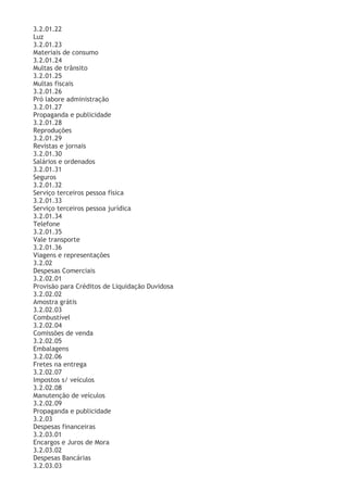 3.2.01.22
Luz
3.2.01.23
Materiais de consumo
3.2.01.24
Multas de trânsito
3.2.01.25
Multas fiscais
3.2.01.26
Pró labore administração
3.2.01.27
Propaganda e publicidade
3.2.01.28
Reproduções
3.2.01.29
Revistas e jornais
3.2.01.30
Salários e ordenados
3.2.01.31
Seguros
3.2.01.32
Serviço terceiros pessoa física
3.2.01.33
Serviço terceiros pessoa jurídica
3.2.01.34
Telefone
3.2.01.35
Vale transporte
3.2.01.36
Viagens e representações
3.2.02
Despesas Comerciais
3.2.02.01
Provisão para Créditos de Liquidação Duvidosa
3.2.02.02
Amostra grátis
3.2.02.03
Combustível
3.2.02.04
Comissões de venda
3.2.02.05
Embalagens
3.2.02.06
Fretes na entrega
3.2.02.07
Impostos s/ veículos
3.2.02.08
Manutenção de veículos
3.2.02.09
Propaganda e publicidade
3.2.03
Despesas financeiras
3.2.03.01
Encargos e Juros de Mora
3.2.03.02
Despesas Bancárias
3.2.03.03
 