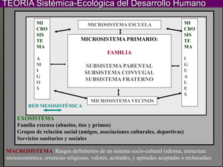 TEORÍA Sistémica-Ecológica del Desarrollo Humano

             MI                     MICROSISTEMA ESCUELA                        MI
             CRO                                                                CRO
             SIS                                                                SIS
             TE                  MICROSISTEMA PRIMARIO:                         TE
             MA                                                                 MA
                                             FAMILIA
             A                                                                  I
             M                     SUBSISTEMA PARENTAL                          G
             I                     SUBSISTEMA CONYUGAL                          U
             G                                                                  A
                                   SUBSISTEMA FRATERNO
             O                                                                  L
             S                                                                  E
                                                                                S
                                      MICROSISTEMA VECINOS
          RED MESOSISTÉMICA

     EXOSISTEMA:
     Familia extensa (abuelos, tíos y primos)
     Grupos de relación social (amigos, asociaciones culturales, deportivas)
     Servicios sanitarios y sociales

MACROSISTEMA: Rasgos definitorios de un sistema socio-cultural (idioma, estructura
socioeconómica, creencias religiosas, valores, actitudes, y aptitudes aceptadas o rechazadas)
 