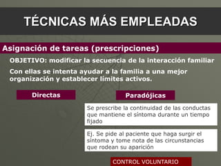 TÉCNICAS MÁS EMPLEADAS

Asignación de tareas (prescripciones)
 OBJETIVO: modificar la secuencia de la interacción familiar
 Con ellas se intenta ayudar a la familia a una mejor
 organización y establecer límites activos.

       Directas                     Paradójicas

                       Se prescribe la continuidad de las conductas
                       que mantiene el síntoma durante un tiempo
                       fijado

                       Ej. Se pide al paciente que haga surgir el
                       síntoma y tome nota de las circunstancias
                       que rodean su aparición

                                CONTROL VOLUNTARIO
 