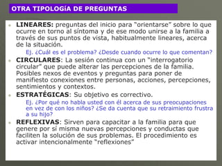 OTRA TIPOLOGíA DE PREGUNTAS

    LINEARES: preguntas del inicio para “orientarse” sobre lo que
     ocurre en torno al síntoma y de ese modo unirse a la familia a
     través de sus puntos de vista, habitualmente lineares, acerca
     de la situación.
     • Ej. ¿Cuál es el problema? ¿Desde cuando ocurre lo que comentan?
    CIRCULARES: La sesión continua con un “interrogatorio
     circular” que puede alterar las percepciones de la familia.
     Posibles nexos de eventos y preguntas para poner de
     manifiesto conexiones entre personas, acciones, percepciones,
     sentimientos y contextos.
    ESTRATÉGICAS: Su objetivo es correctivo.
     • Ej. ¿Por qué no habla usted con él acerca de sus preocupaciones
       en vez de con los niños? ¿Se da cuenta que su retraimiento frustra
       a su hijo?
    REFLEXIVAS: Sirven para capacitar a la familia para que
     genere por sí misma nuevas percepciones y conductas que
     faciliten la solución de sus problemas. El procedimiento es
     activar intencionalmente “reflexiones”
 