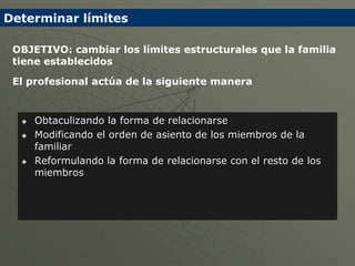 Determinar límites

 OBJETIVO: cambiar los límites estructurales que la familia
 tiene establecidos

 El profesional actúa de la siguiente manera


     Obtaculizando la forma de relacionarse
     Modificando el orden de asiento de los miembros de la
      familiar
     Reformulando la forma de relacionarse con el resto de los
      miembros
 