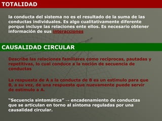 TOTALIDAD

 la conducta del sistema no es el resultado de la suma de las
 conductas individuales. Es algo cualitativamente diferente
 porque incluye las relaciones ente ellos. Es necesario obtener
 información de sus interacciones



CAUSALIDAD CIRCULAR

 Describe las relaciones familiares como recíprocas, pautadas y
 repetitivas, lo cual conduce a la noción de secuencia de
 conductas

 La respuesta de A a la conducta de B es un estímulo para que
 B, a su vez, de una respuesta que nuevamente puede servir
 de estímulo a A.

 “Secuencia sintomática” → encadenamiento de conductas
 que se articulan en torno al síntoma reguladas por una
 causalidad circular.
 