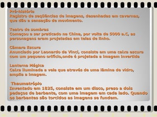 Pré-história Registro de seqüências de imagens, desenhadas em cavernas, que dão a sensação de movimento. Teatro de sombras Começou a ser praticado na China, por volta de 5000 a.C, as personagens eram projetadas em telas de linho. Câmara Escura Anunciado por Leonardo da Vinci, consiste em uma caixa escura com um pequeno orifício,onde é projetada a imagem invertida Lanterna Mágica Caixa iluminada a vela que através de uma lâmina de vidro, amplia a imagem.  Thaumatrópio Inventado em 1825, consiste em um disco, preso a dois pedaços de barbante, com uma imagem em cada lado. Quando os barbantes são torcidos as imagens se fundem.  