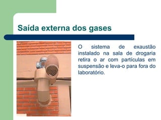 Saída externa dos gases
O sistema de exaustão
instalado na sala de drogaria
retira o ar com partículas em
suspensão e leva-o para fora do
laboratório.
 