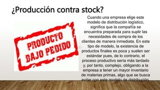 ¿Producción contra stock?
Cuando una empresa elige este
modelo de distribución logístico,
significa que la compañía se
encuentra preparada para suplir las
necesidades de compra de los
clientes de manera inmediata. En este
tipo de modelo, la existencia de
productos finales es poca y suelen ser
estándar pues, de lo contrario, el
proceso productivo sería más tardado
y, por tanto, complejo, obligando a la
empresa a tener un mayor inventario
de materias primas, algo que se busca
evitar con este modelo de distribución.
 