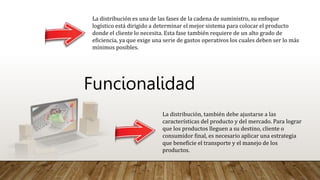 Funcionalidad
La distribución es una de las fases de la cadena de suministro, su enfoque
logístico está dirigido a determinar el mejor sistema para colocar el producto
donde el cliente lo necesita. Esta fase también requiere de un alto grado de
eficiencia, ya que exige una serie de gastos operativos los cuales deben ser lo más
mínimos posibles.
La distribución, también debe ajustarse a las
características del producto y del mercado. Para lograr
que los productos lleguen a su destino, cliente o
consumidor final, es necesario aplicar una estrategia
que beneficie el transporte y el manejo de los
productos.
 