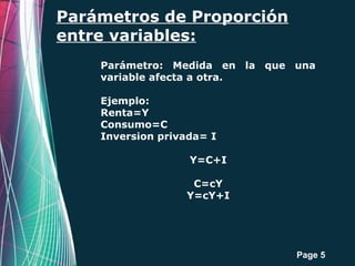 Page 5
Parámetros de Proporción
entre variables:
Parámetro: Medida en la que una
variable afecta a otra.
Ejemplo:
Renta=Y
Consumo=C
Inversion privada= I
Y=C+I
C=cY
Y=cY+I
 